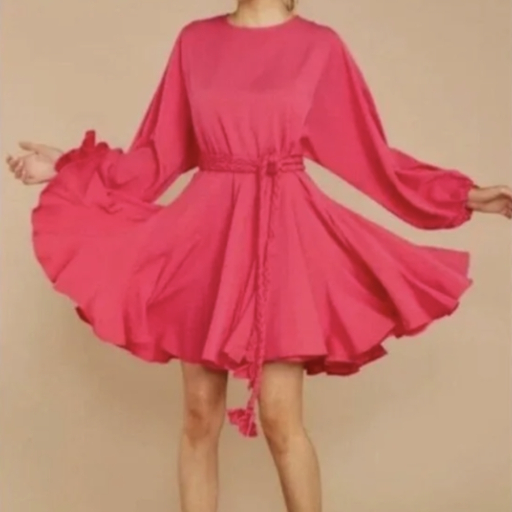 Palms Away boutique hot pink, long sleeve midi, swing dress, size small